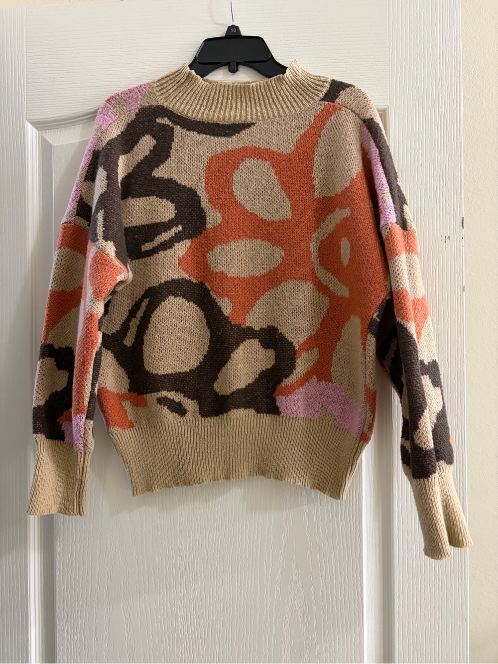 SHEIN Beige Multicolor Floral Abstract Turtleneck Sweater